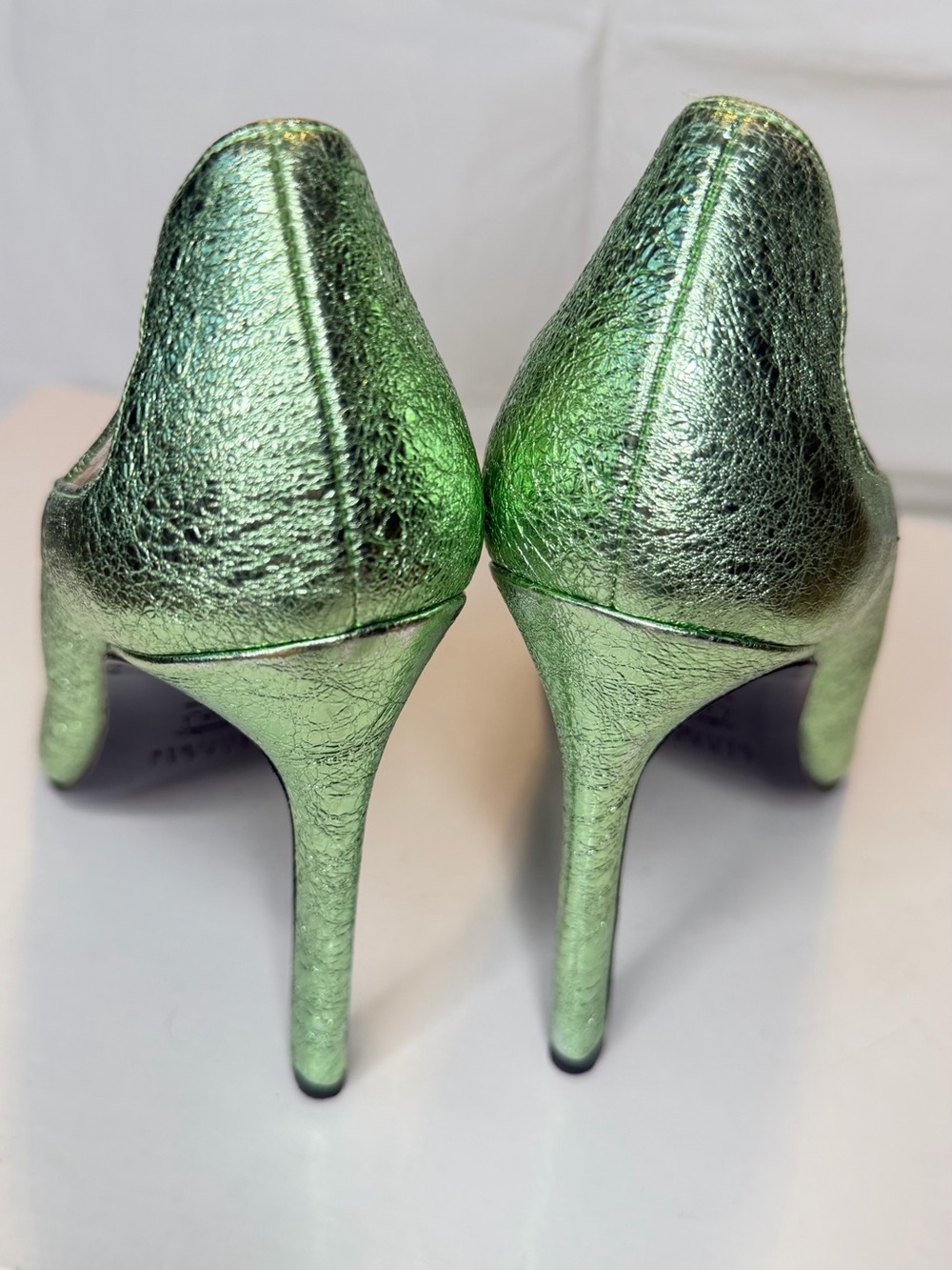 Stuart Weitzman Metallic Lime Green Cutout Pointed-Toe Pumps - Picture 4 of 6